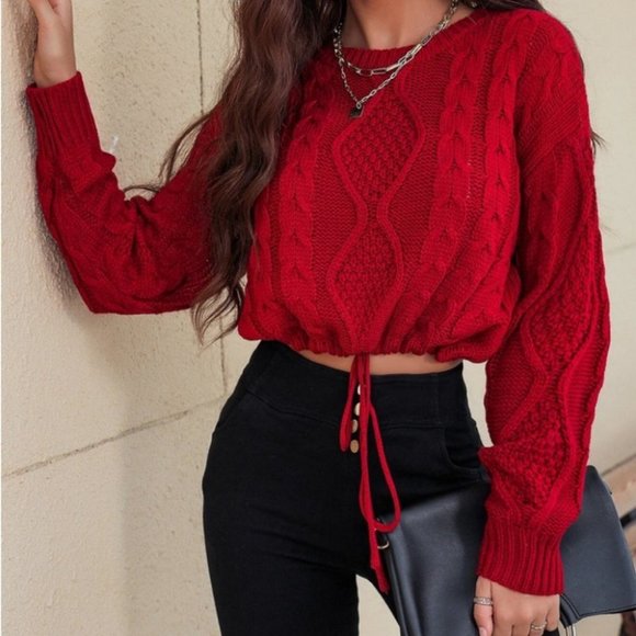 red cable knit drawstring sweater holiday party contemporary - Picture 1 of 5